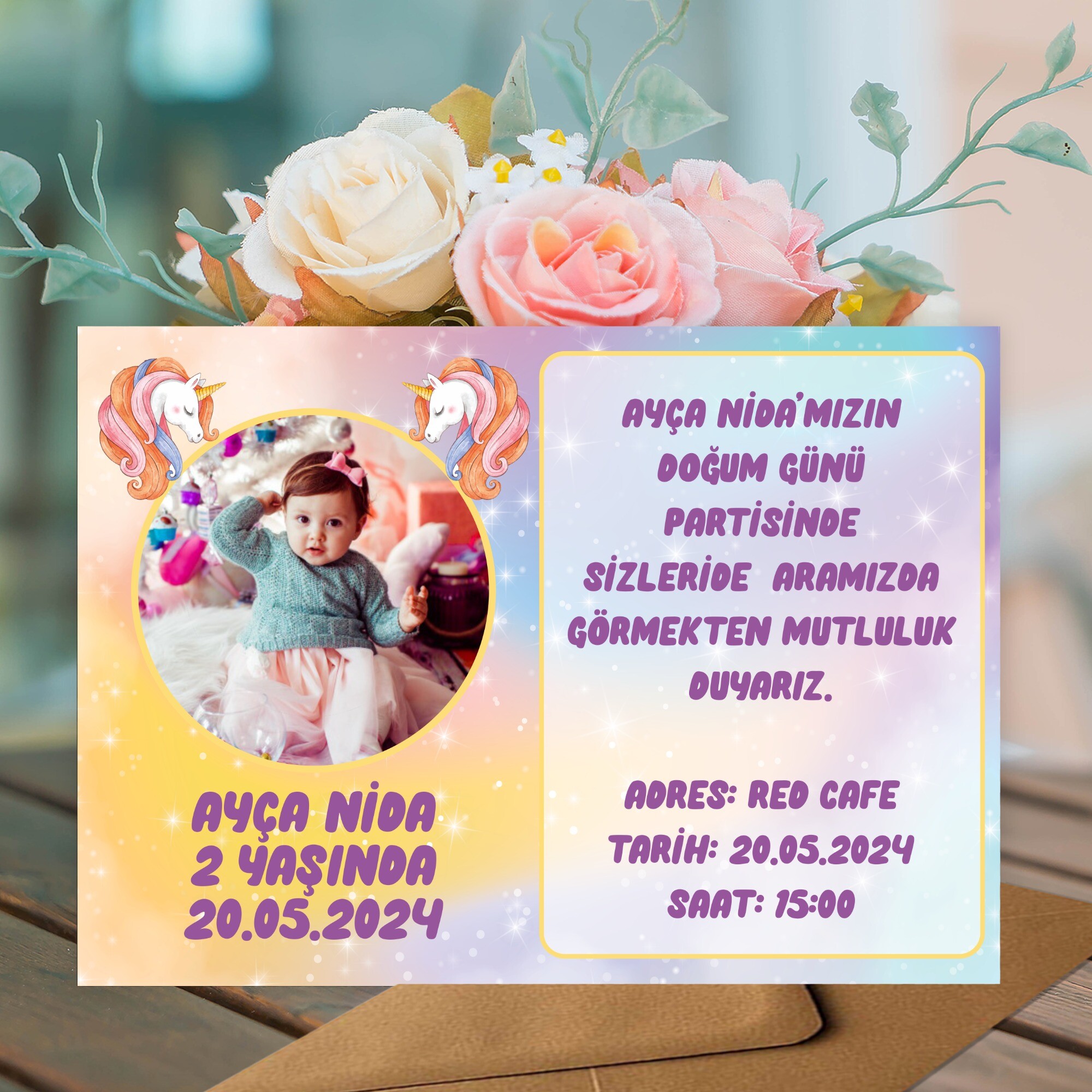 Unicorn Doğum Günü İçin Zarflı Davetiye