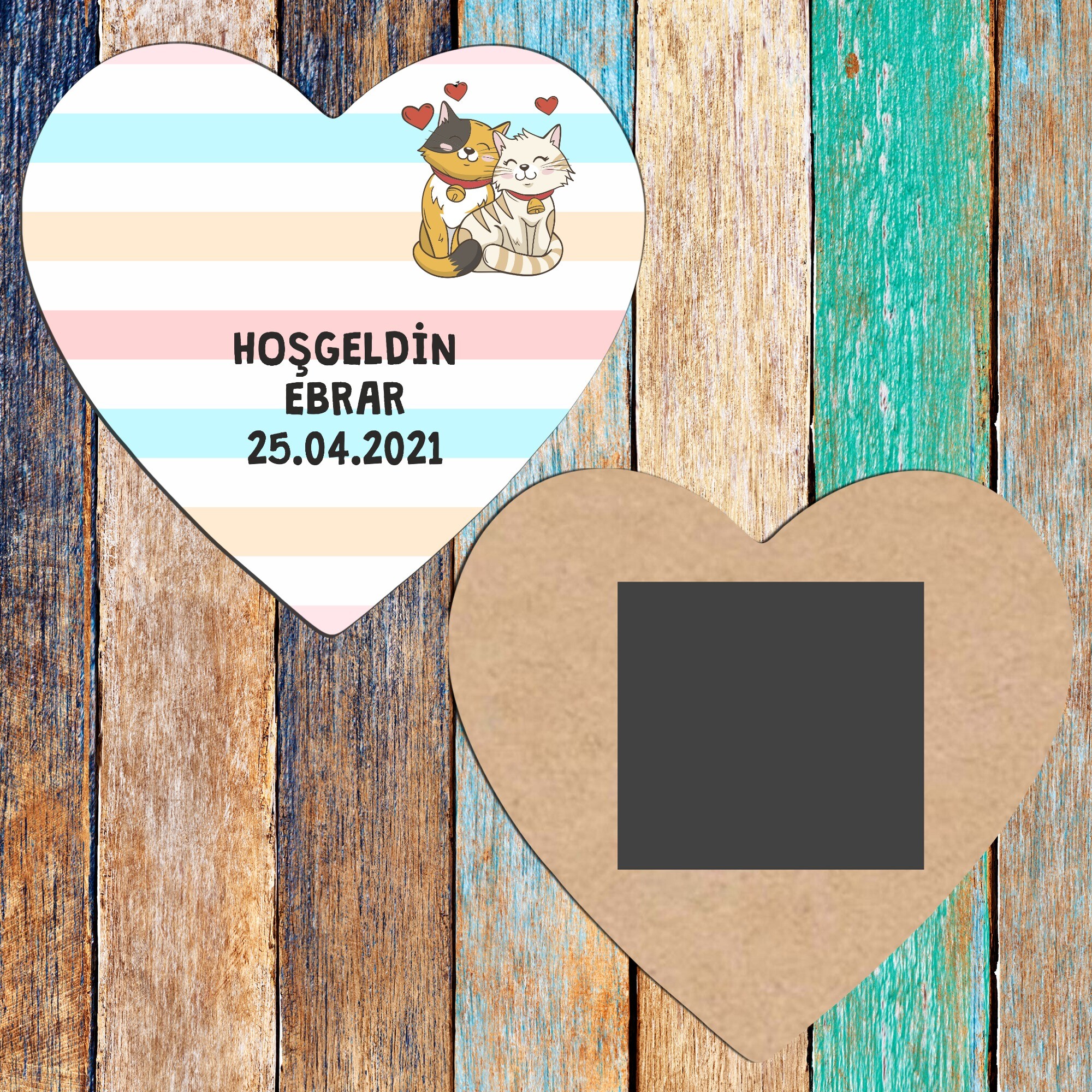 Sevimli Kediler Ahşap Kalp Magnet