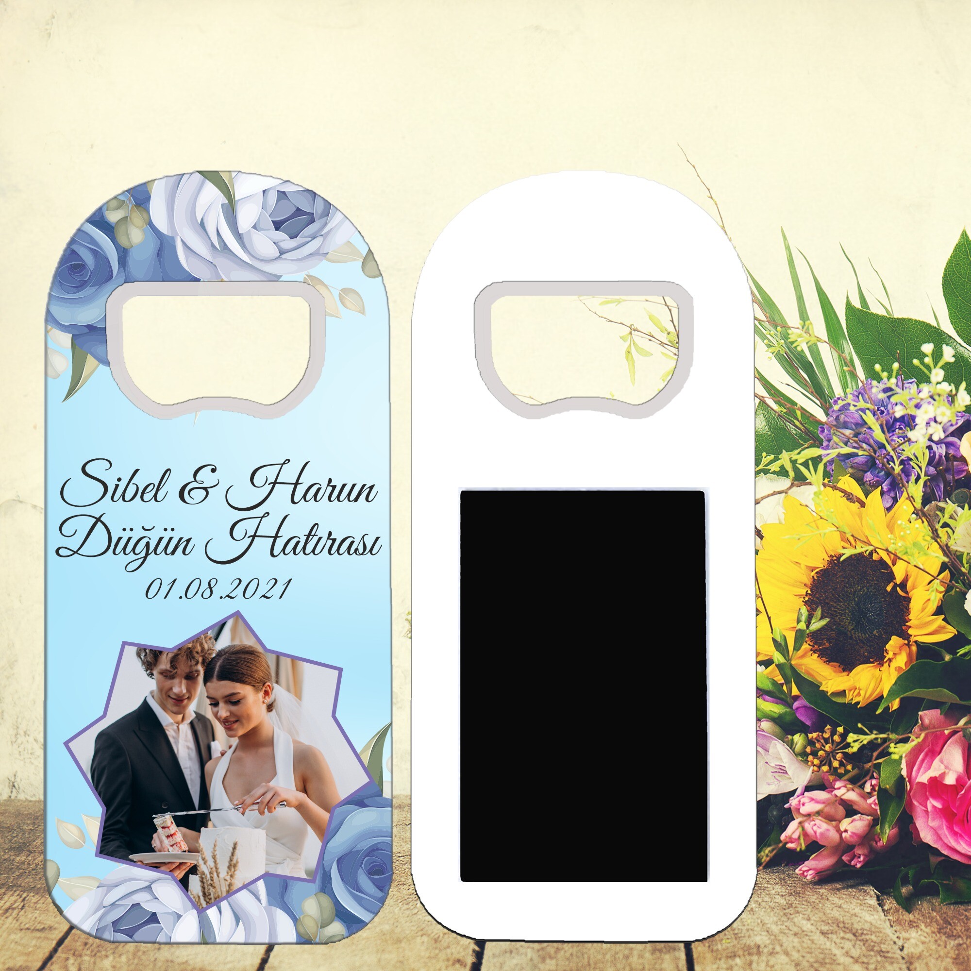 Beyaz Mavi Gül Uzun Oval Kına Nikah Düğün Magnet