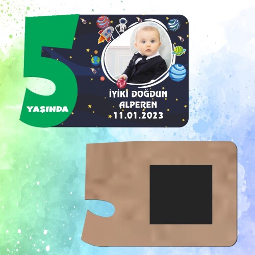 Uzay Temalı Yeşil Rakamlı Ahşap 5 Yaşında Magnet