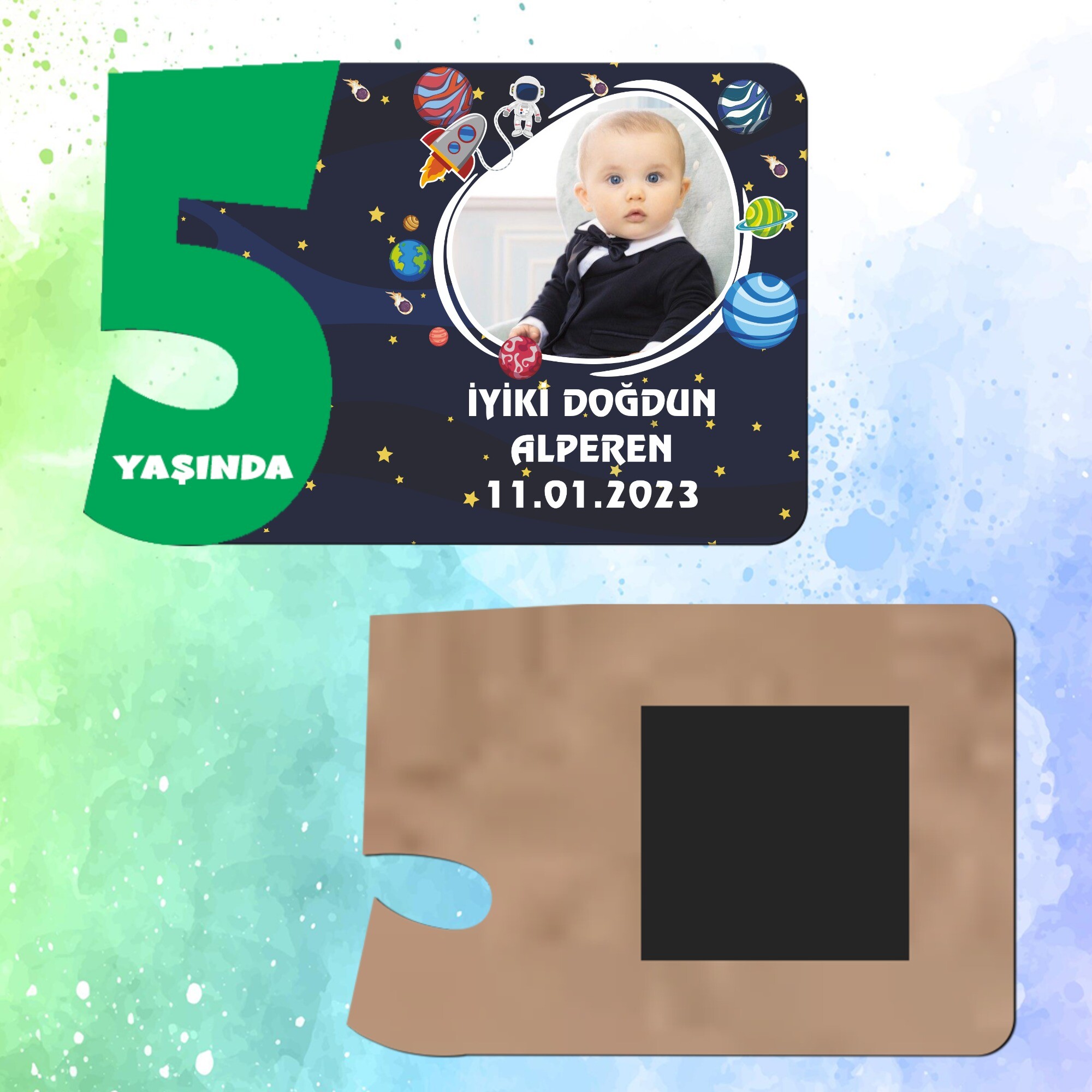 Uzay Temalı Yeşil Rakamlı Ahşap 5 Yaşında Magnet