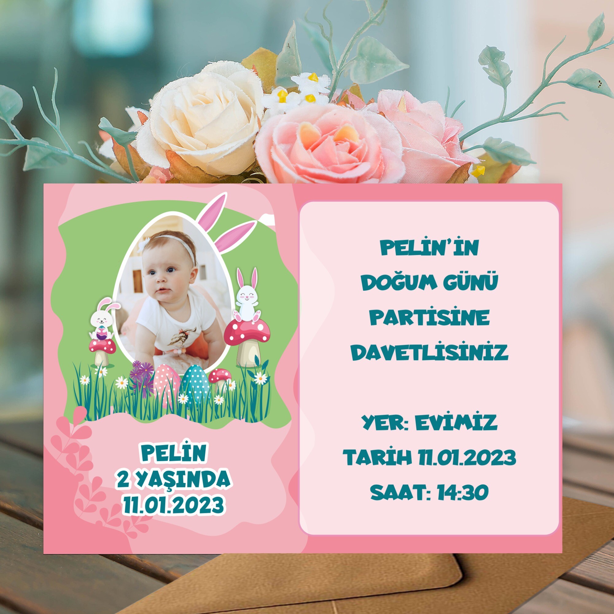Tavşan Kız Temalı Doğum Günü İçin Zarflı Davetiye