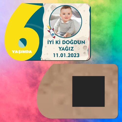 Roket Temalı 6 Yaş Sarı Rakamlı Çocuk Magneti Ahşap