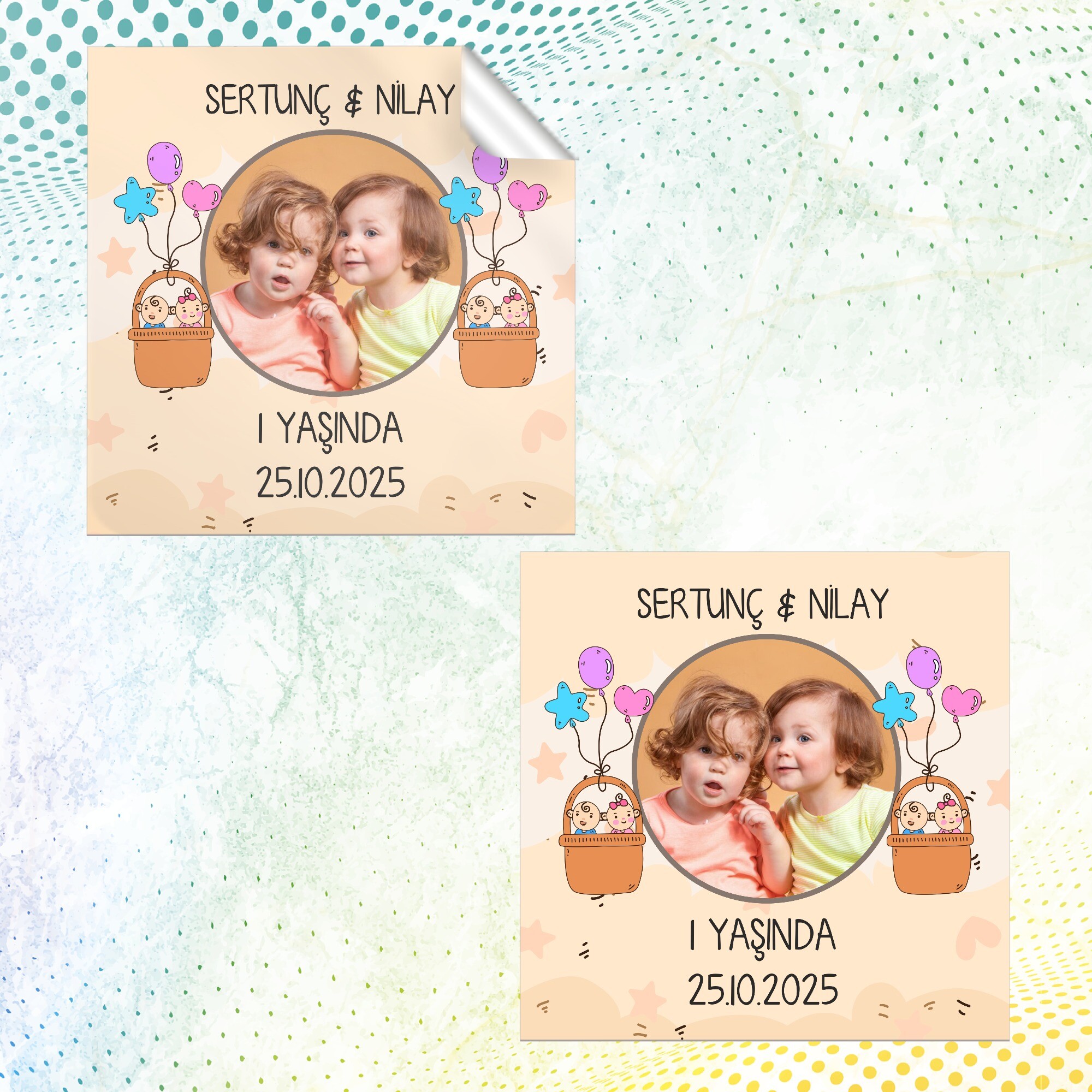 İkiz Bebek Kare Doğum Günü Sticker