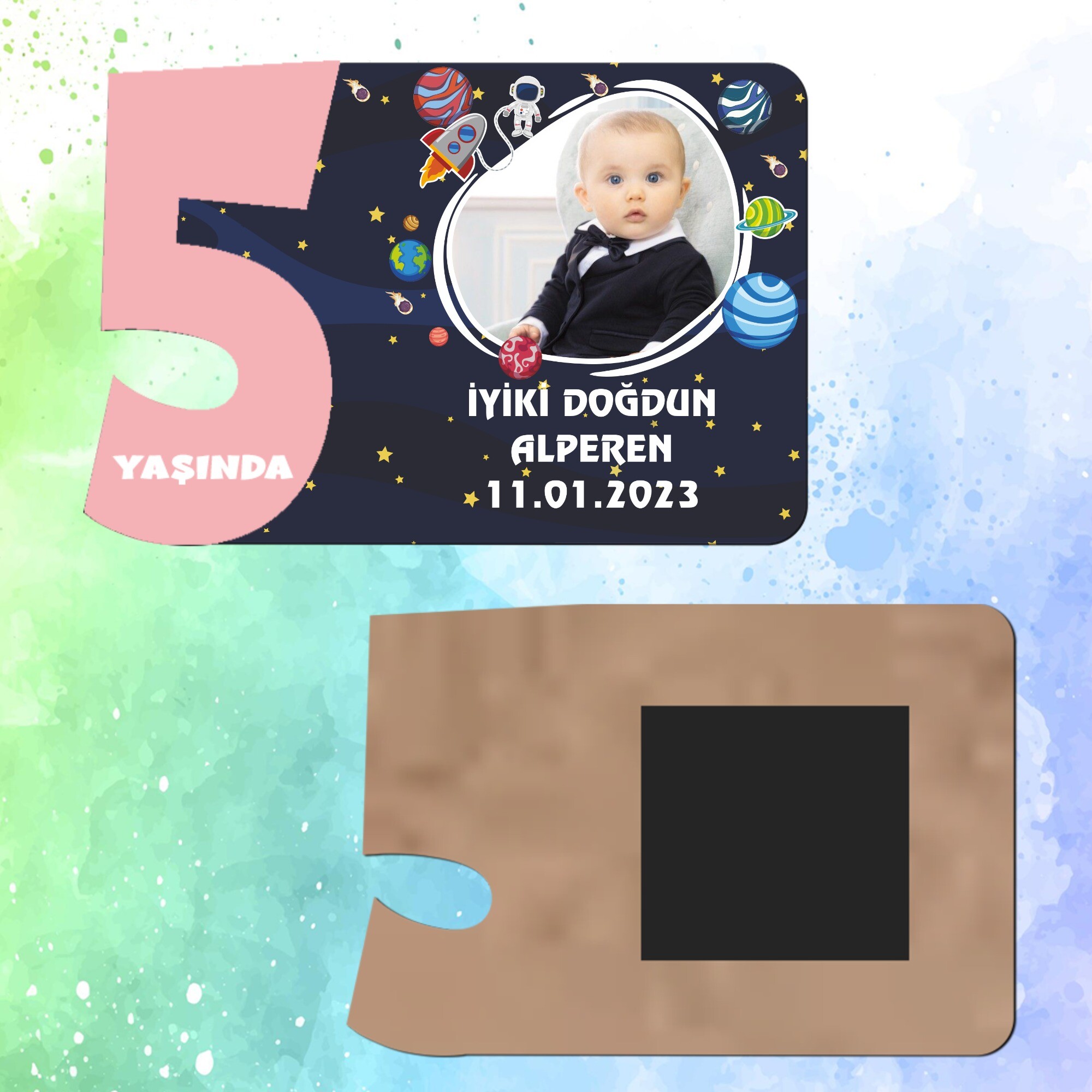 Uzay Temalı 5 Yaş İçin Pembe Sayılı  Ahşap Magnet