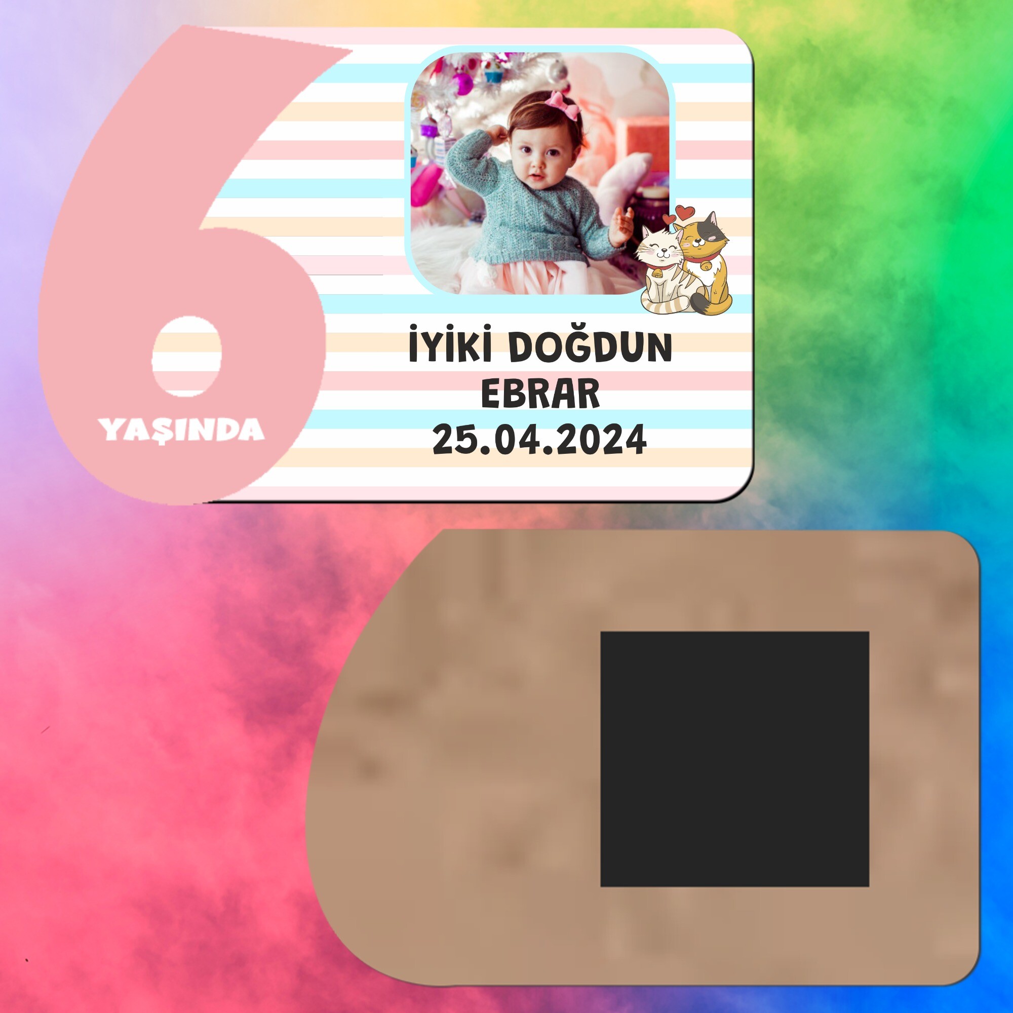Sevimli Kediler 6 Yaş Kız Çocuk Ahşap Pembe Rakam Magnet