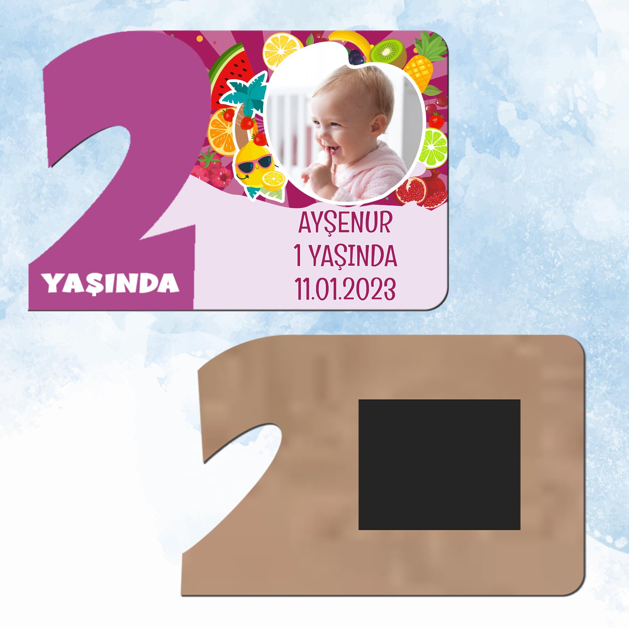 Meyveler Figürlü Mor Rakam 2 Yaşında Ahşap Hediye Magnet