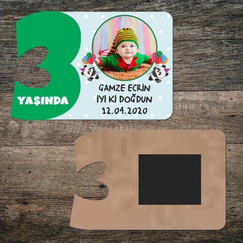 Panda Temalı 3 Yaş İçin Yeşil Rakam Ahşap Doğum Günü Magneti