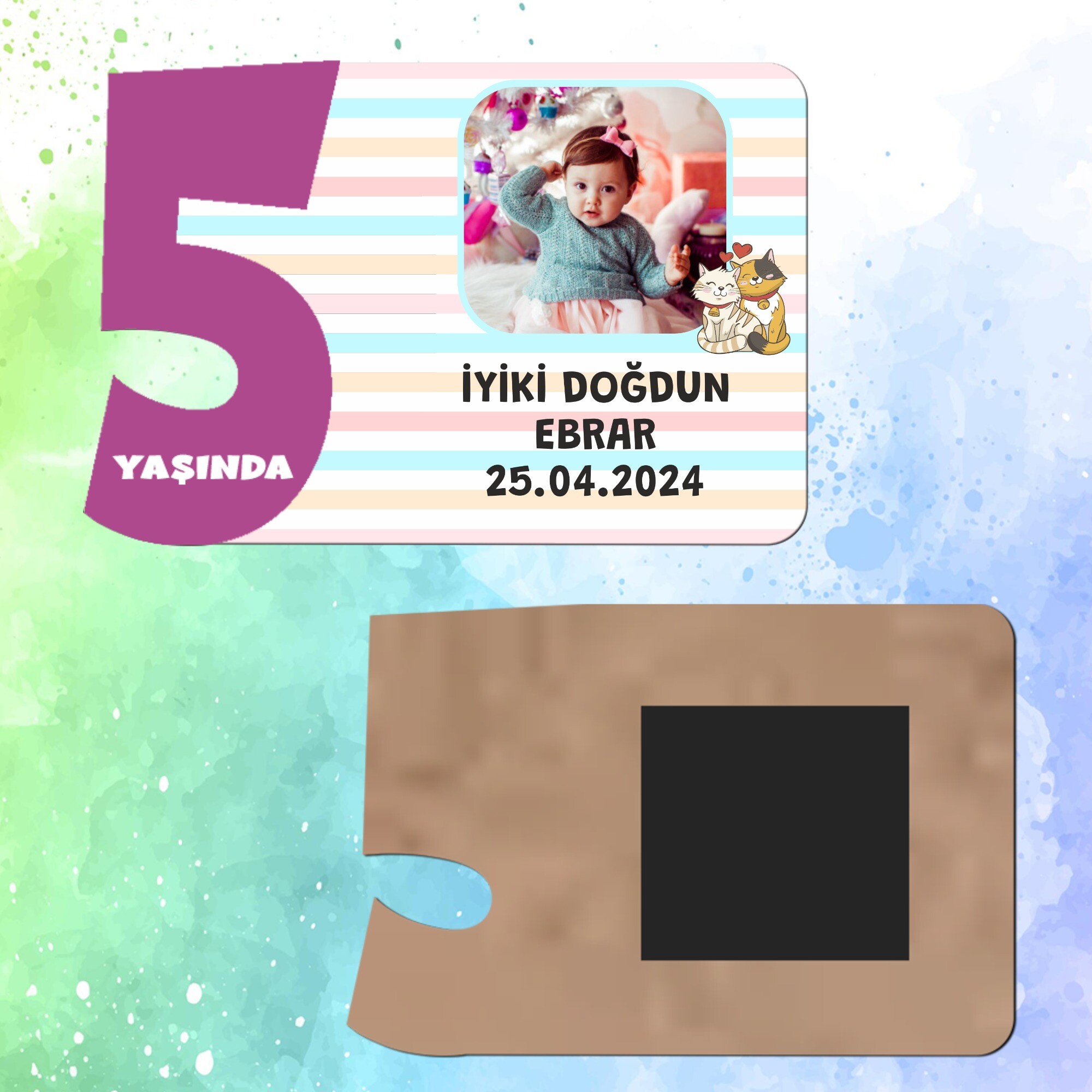 Sevimli Kediler Mor Rakamlı 5 Yaşında Magnet Ahşap