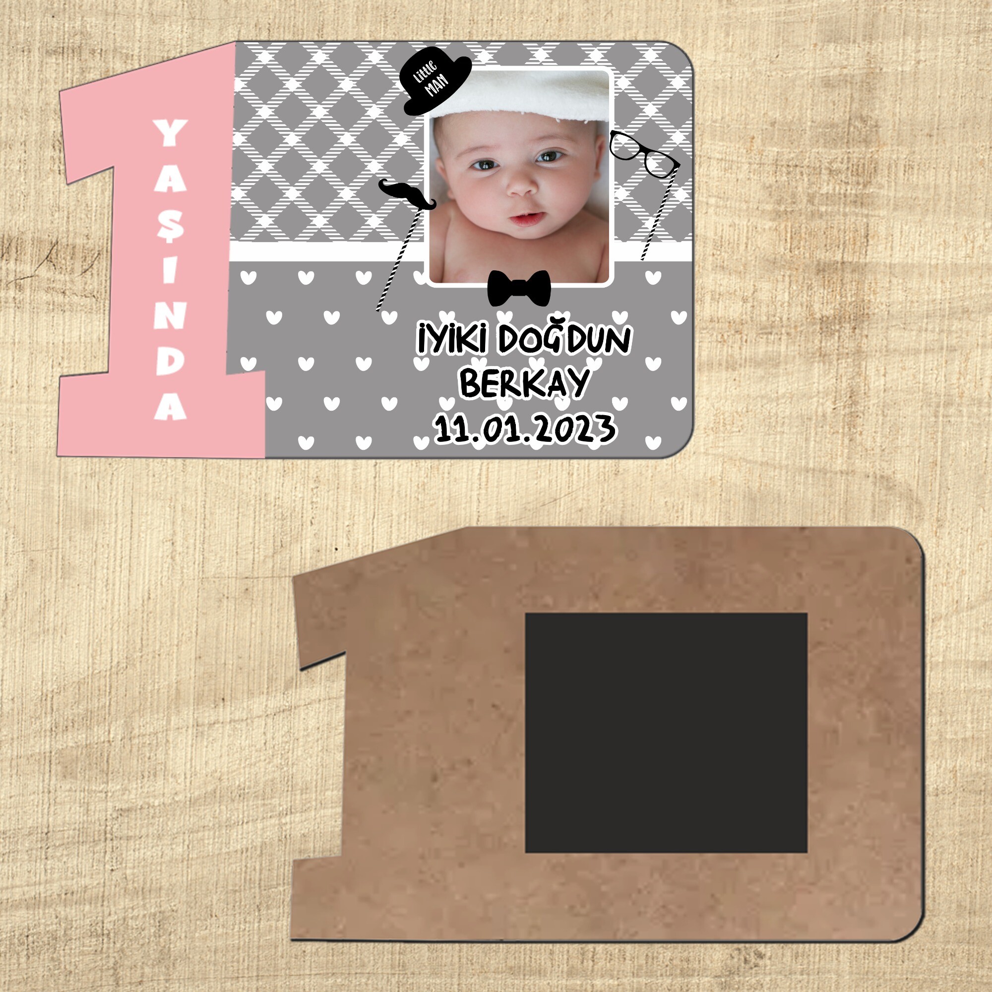 Little Man Küçük Adam 1 Yaşında Ahşap Pembeli Magnet
