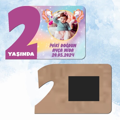Unicorn Mor Rakam 2 Yaşında Ahşap Hediye Magnet
