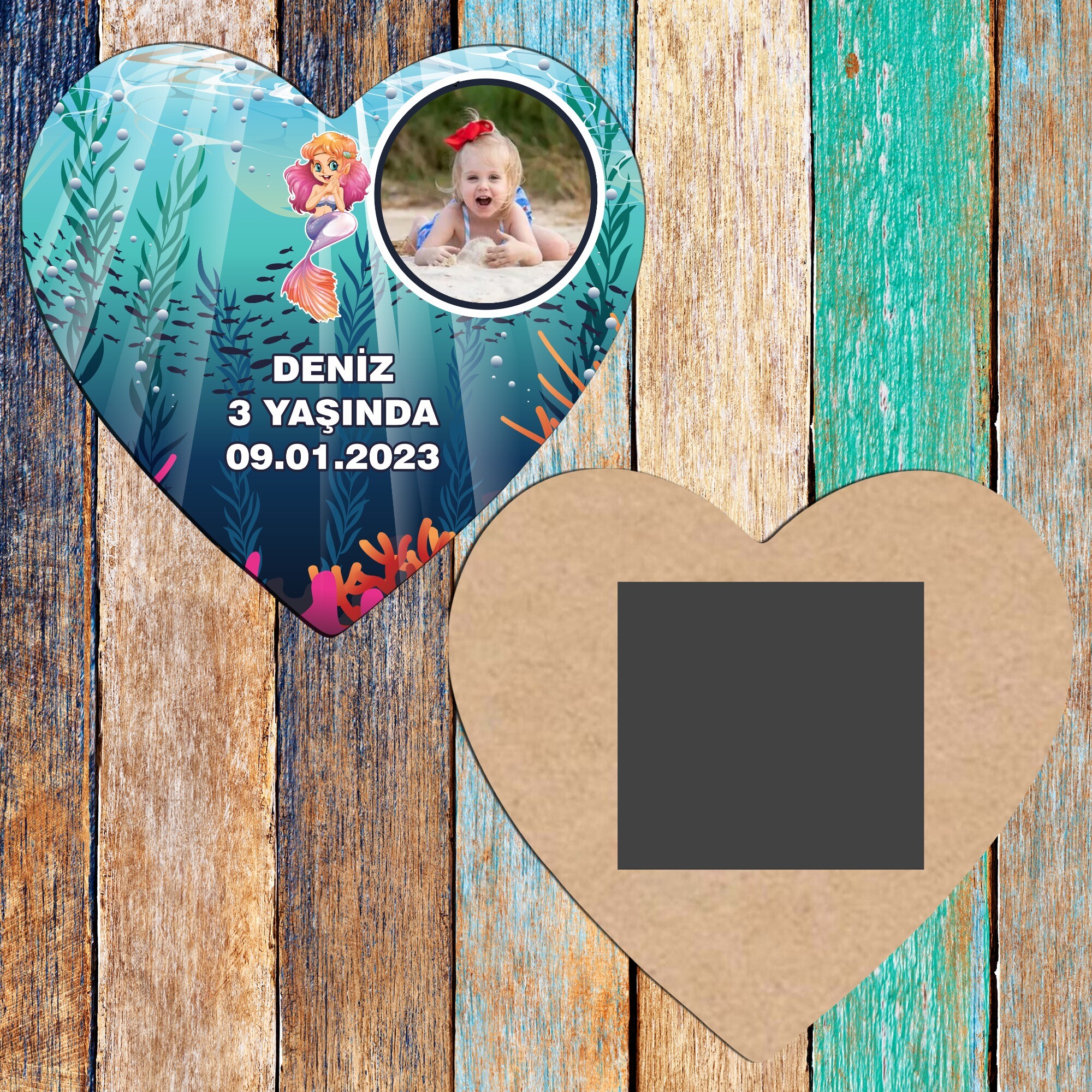 Deniz Kızı Kalp Şeklinde Ahşap Magnet
