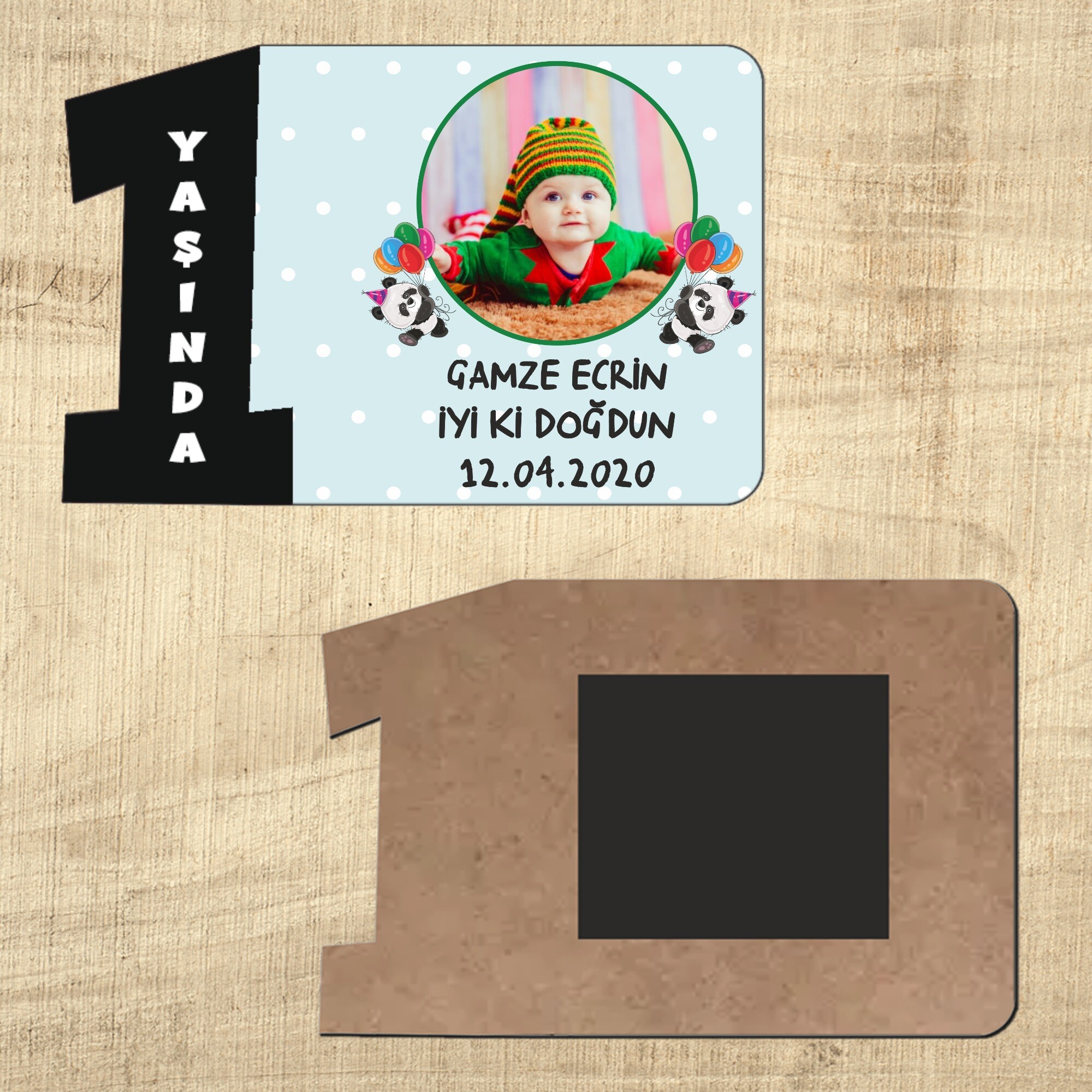 Panda Temalı 1 Yaşındayım Siyah Rakam Magnet Ahşap