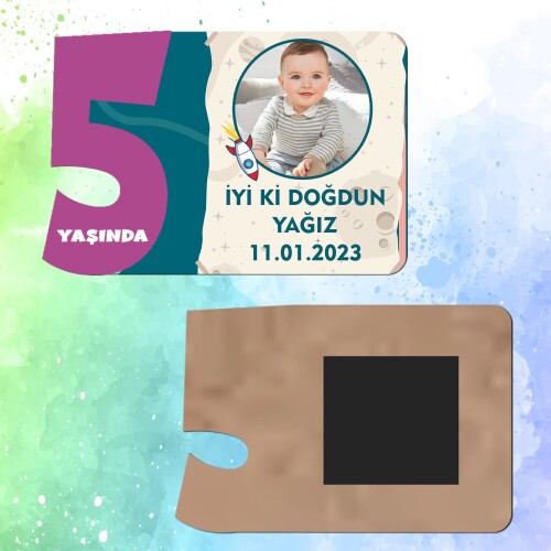 Roket Temalı Mor Rakamlı 5 Yaşında Magnet Ahşap