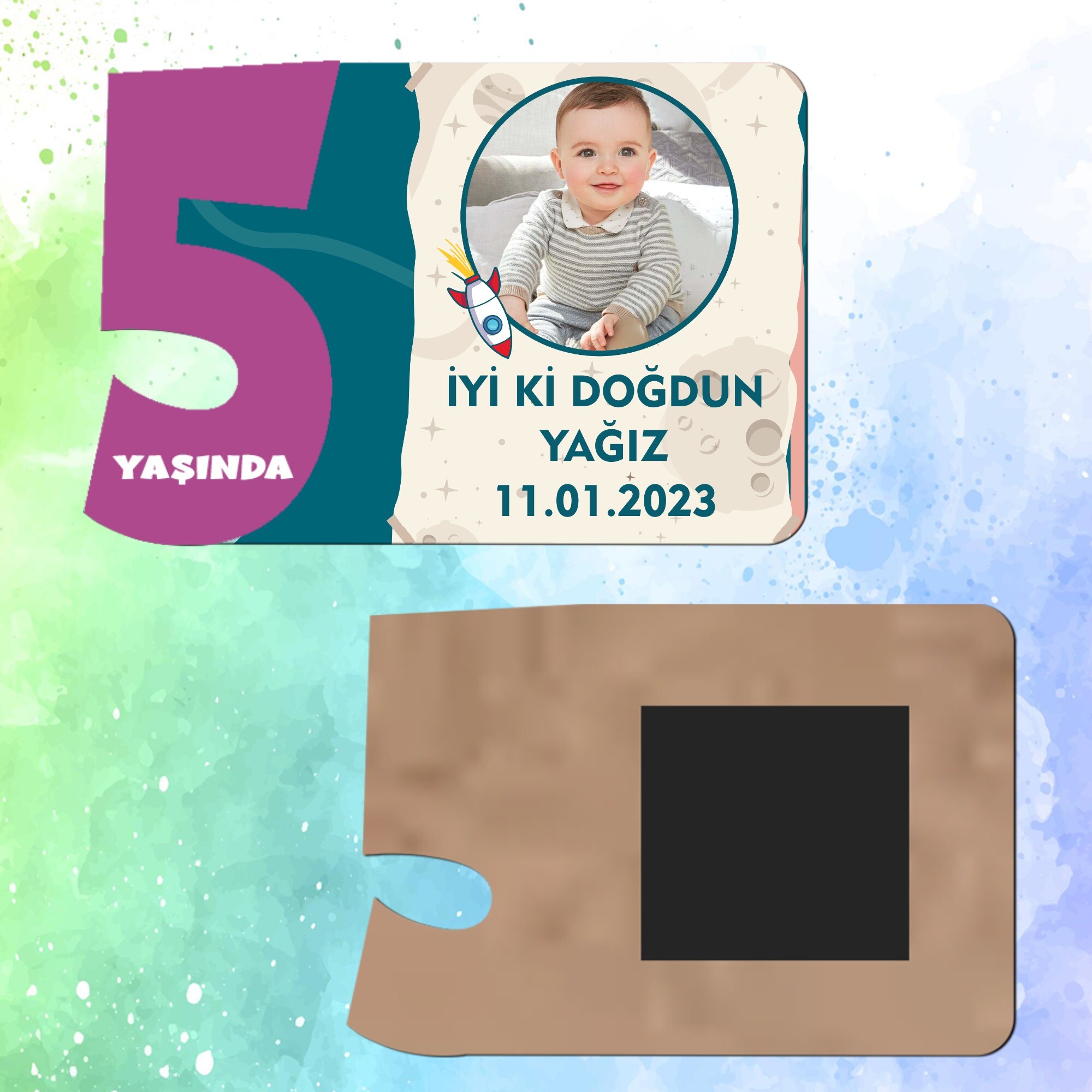 Roket Temalı Mor Rakamlı 5 Yaşında Magnet Ahşap