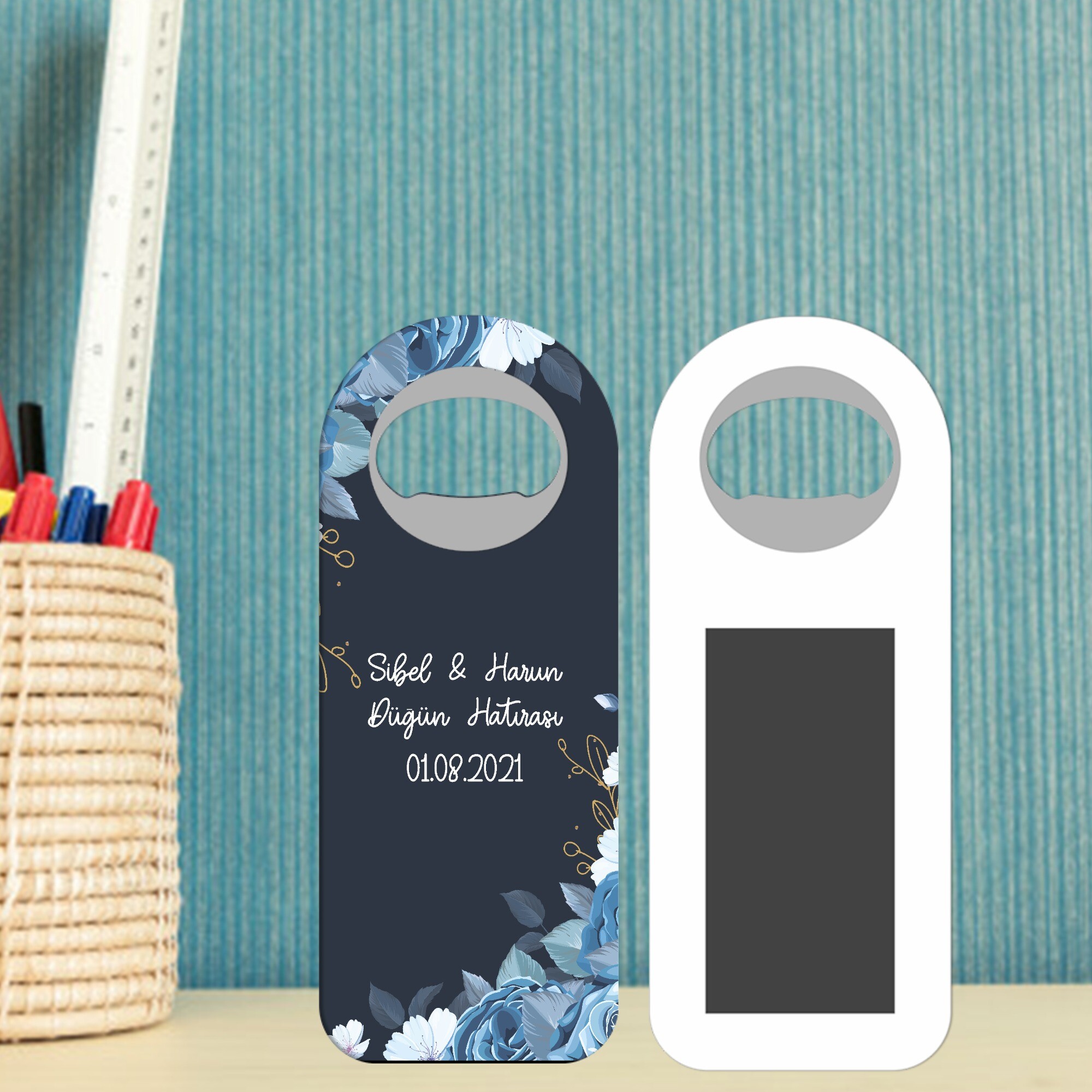 Mavi Çiçekli Kına Nikah Düğün Oval Magnet