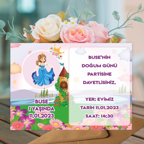 Prenses Tasarım Parti Davetiyesi Zarf Dahil