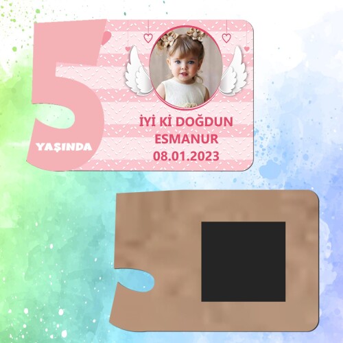 Melek Kanadı Temalı 5 Yaş İçin Pembe Sayılı  Ahşap Magnet