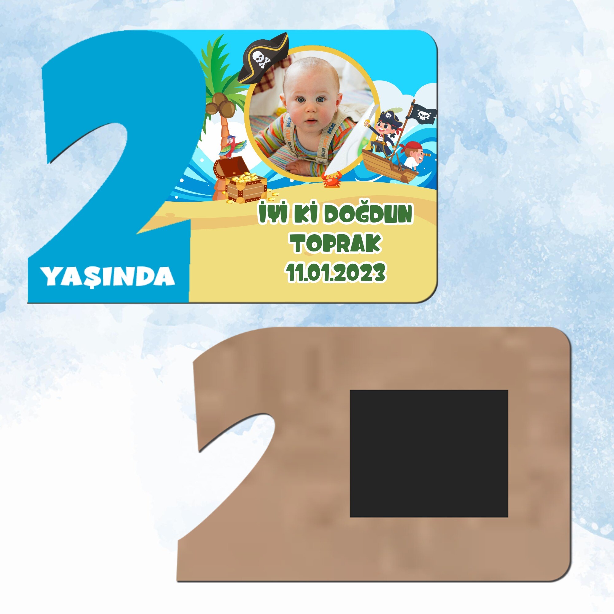 Korsan Temalı 2 Yaş Mavi Rakam Ahşap Magnet