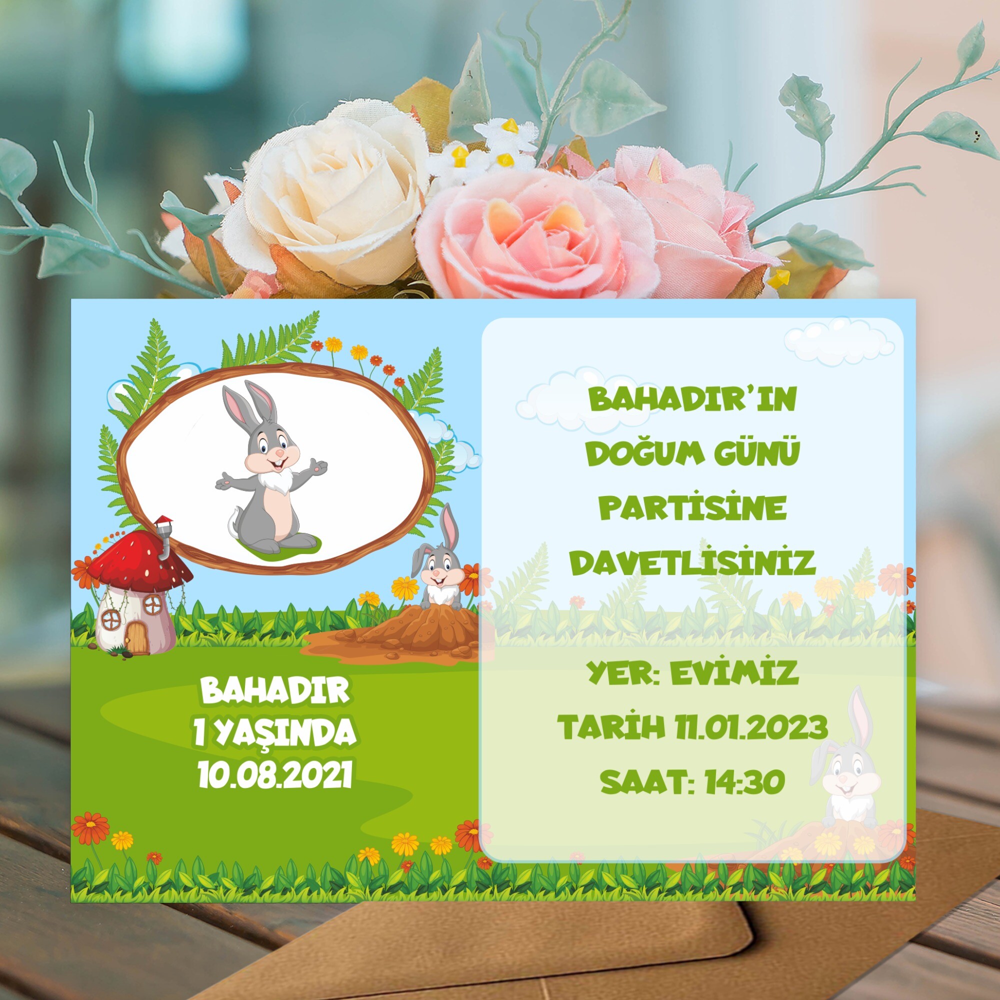 Sevimli Tavşan Parti Davetiyesi Zarf Dahil