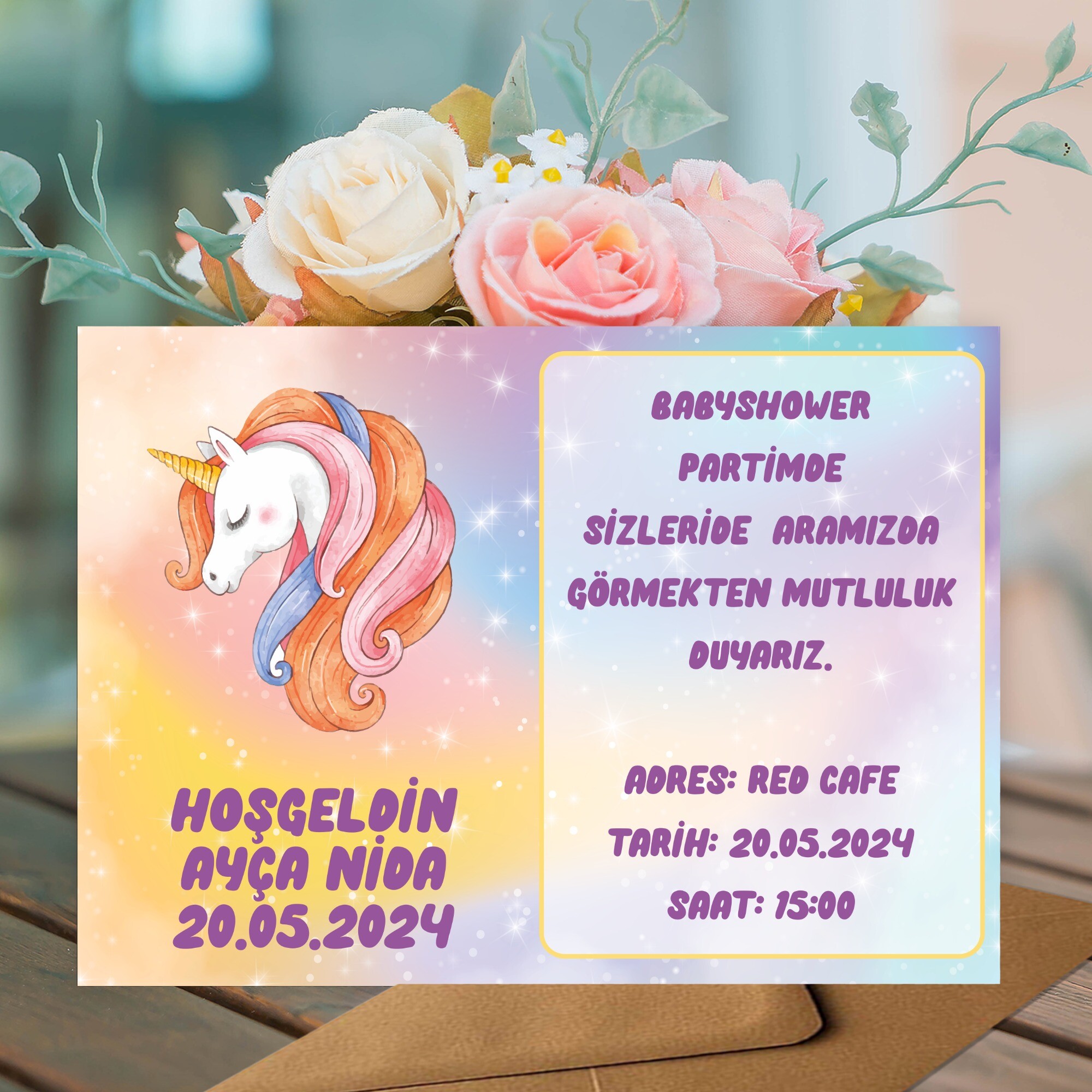 Unicorn Parti Davetiyesi Zarf Dahil