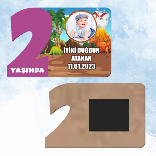Dinazor Temalı Mor Rakam 2 Yaşında Ahşap Hediye Magnet