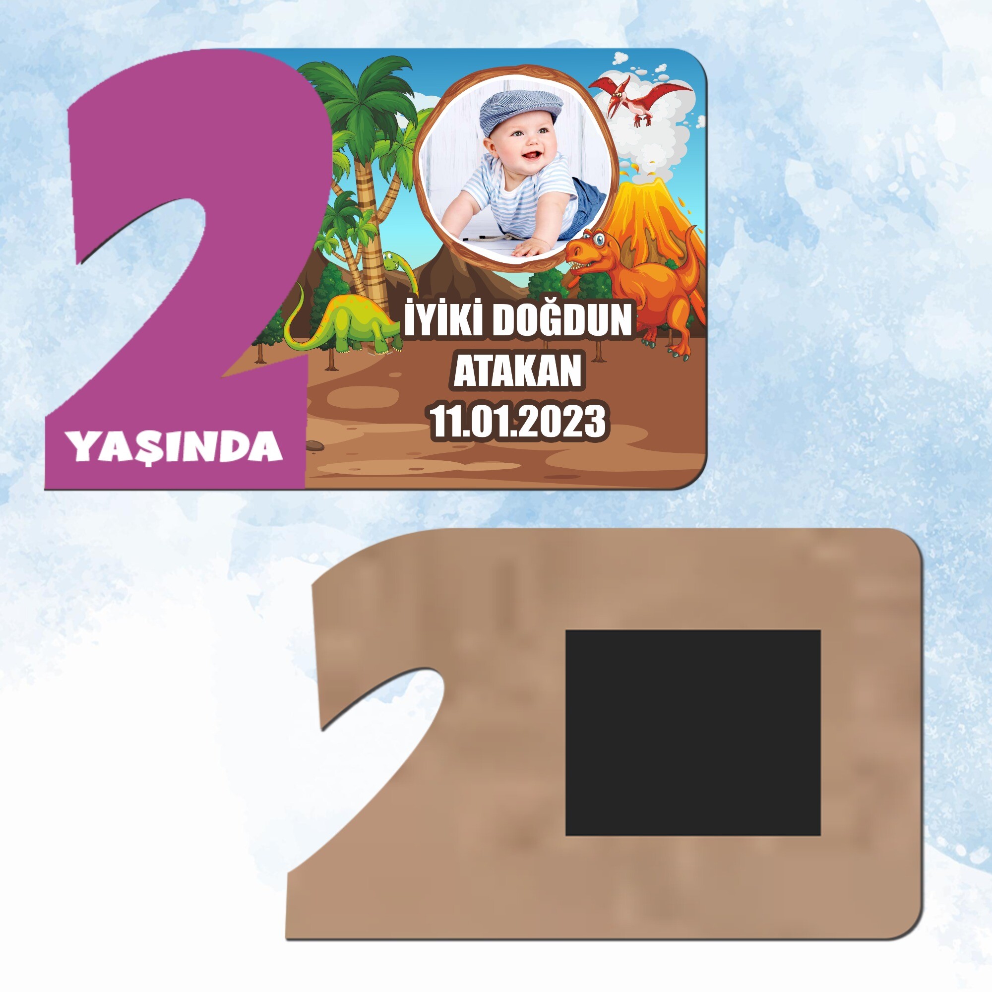 Dinazor Temalı Mor Rakam 2 Yaşında Ahşap Hediye Magnet