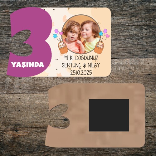 İkiz Bebek 3 Yaşında Mor Rakam Ahşap Magnet