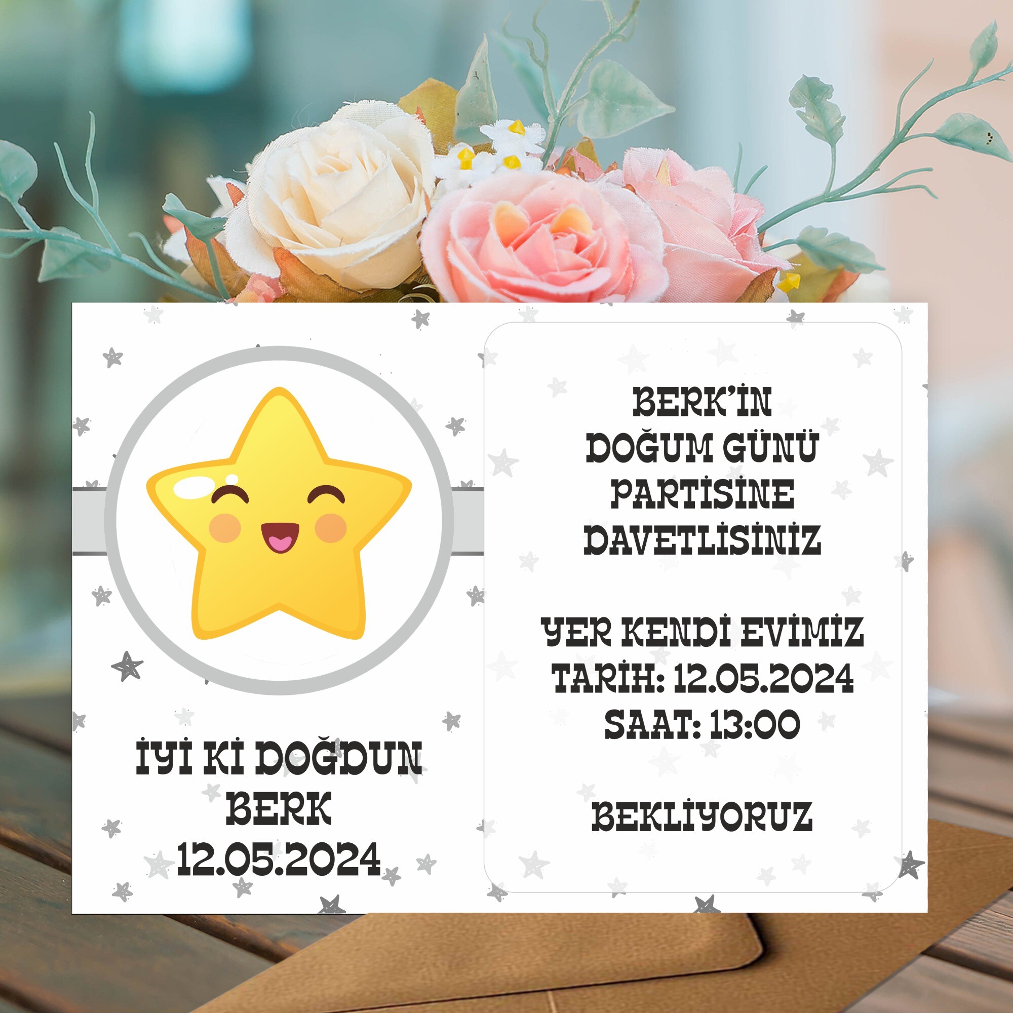 Star Temalı Parti Davetiyesi Zarf Dahil