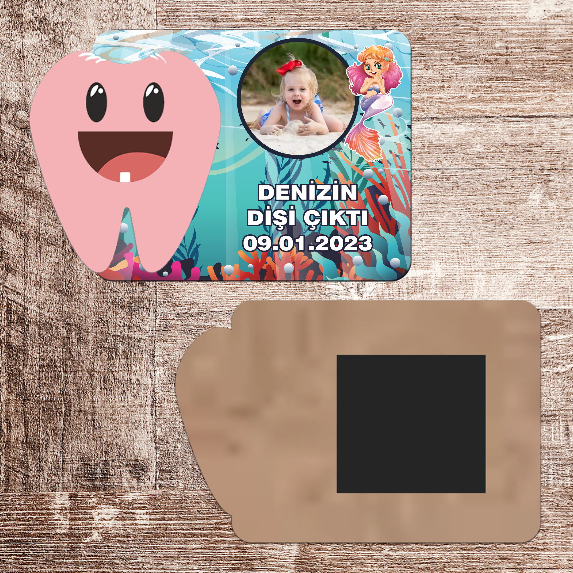 Deniz Kızı İlk Diş Hatırası Pembe Diş Magnet Ahşap