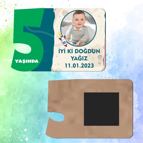 Roket Temalı Yeşil Rakamlı Ahşap 5 Yaşında Magnet
