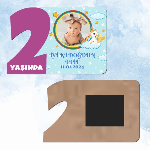 Unicornlu Mor Rakam 2 Yaşında Ahşap Hediye Magnet
