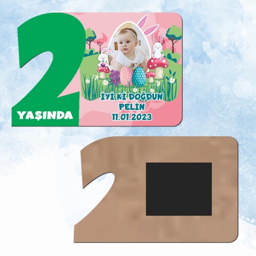 Tavşan Kız Temalı Yeşil Rakamlı 2 Yaş Hediye Ahşap Magnet