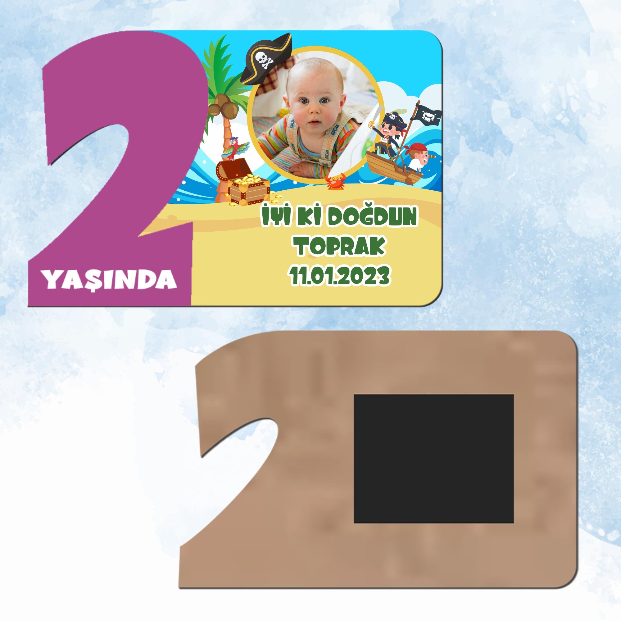 Korsan Temalı Mor Rakam 2 Yaşında Ahşap Hediye Magnet