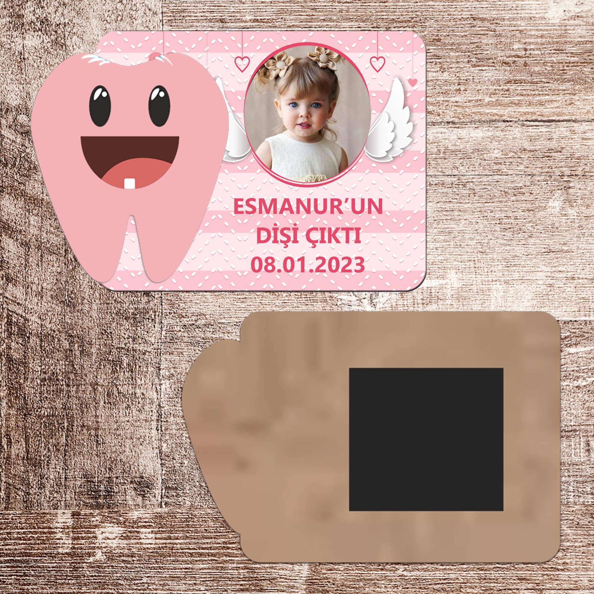 Melek Kanadı Temalı İlk Diş Hatırası Pembe Diş Magnet Ahşap