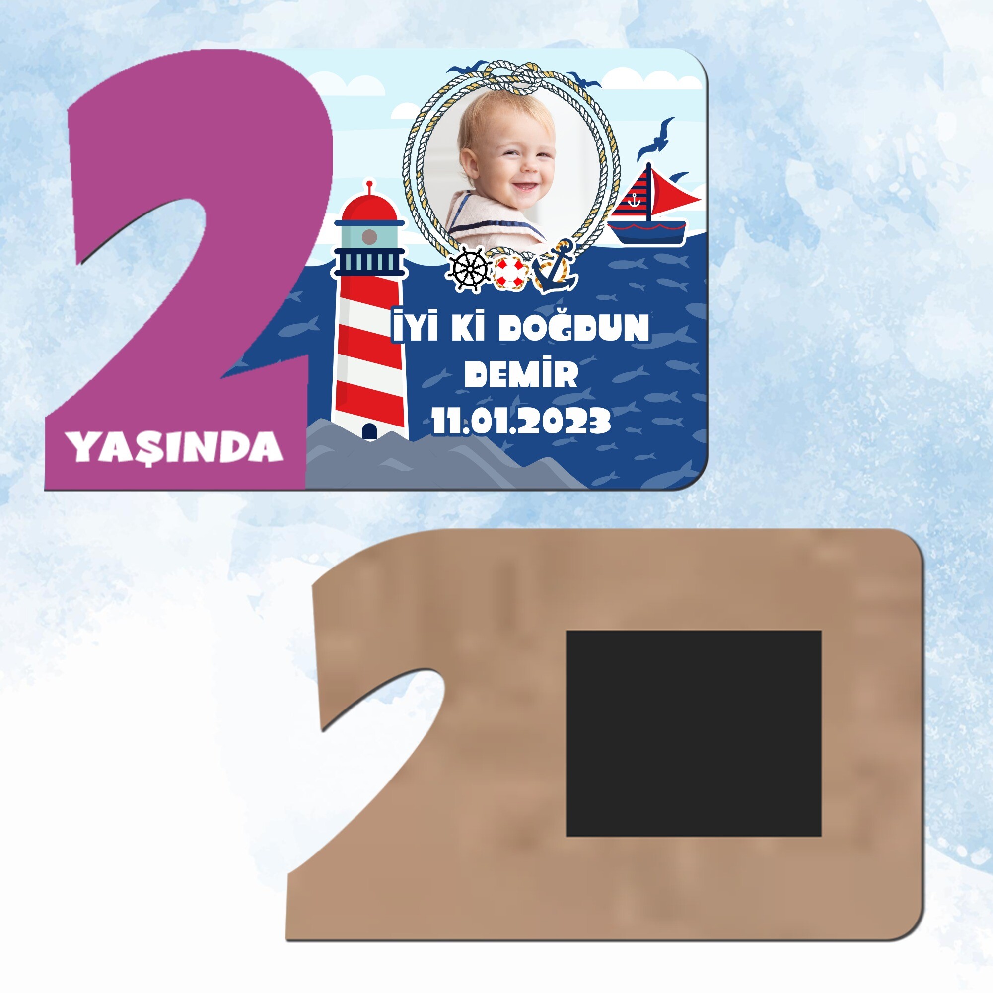 Denizci Teması Mor Rakam 2 Yaşında Ahşap Hediye Magnet