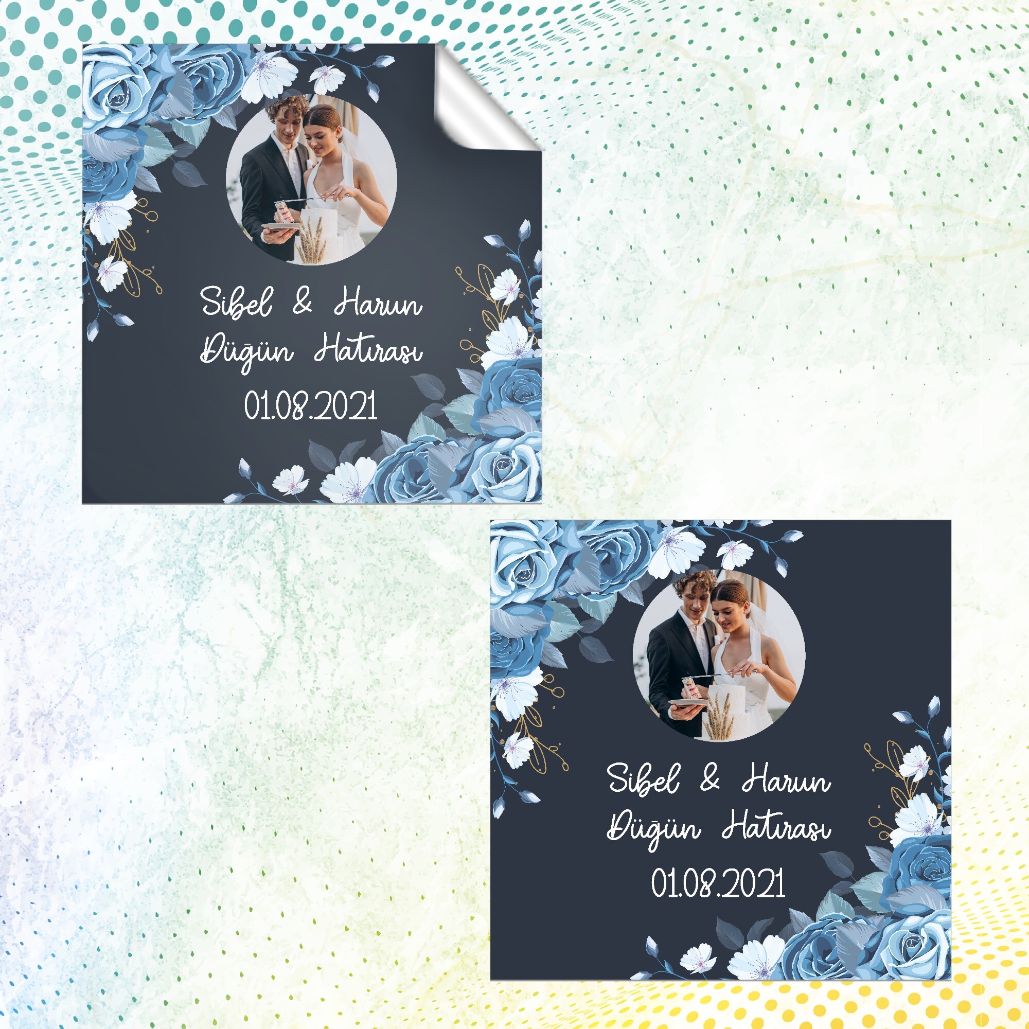 Mavi Çiçekli Kare Düğün Kına Sticker