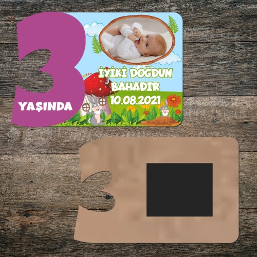 Sevimli Tavşan 3 Yaşında Mor Rakam Ahşap Magnet