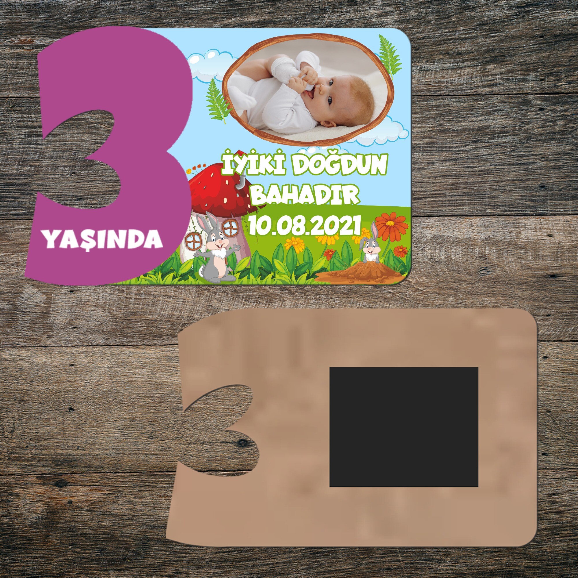 Sevimli Tavşan 3 Yaşında Mor Rakam Ahşap Magnet