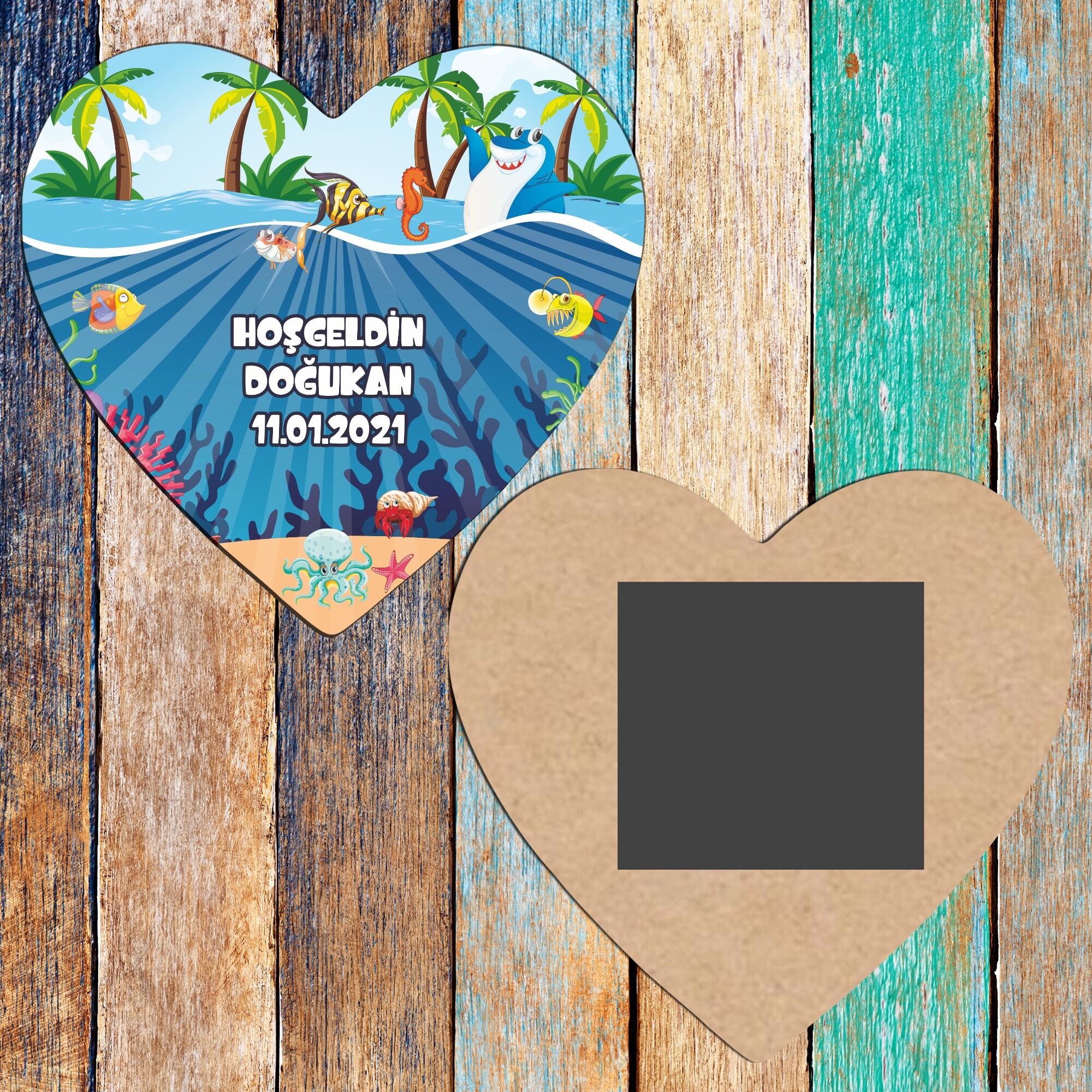 Deniz Canlıları Konsept Ahşap Kalp Magnet