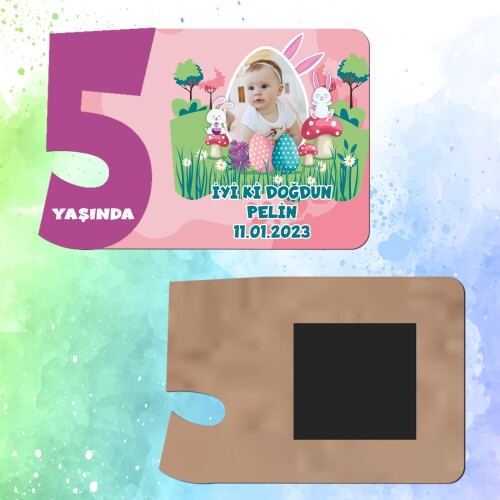 Tavşan Kız Temalı Mor Rakamlı 5 Yaşında Magnet Ahşap