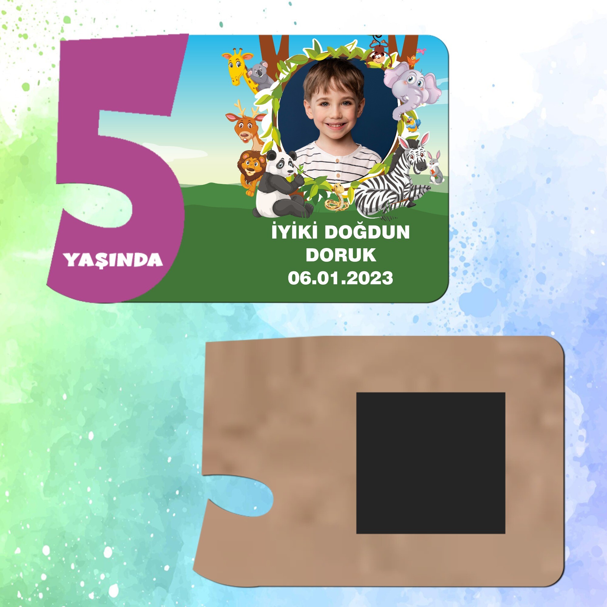 Safari Temalı Mor Rakamlı 5 Yaşında Magnet Ahşap