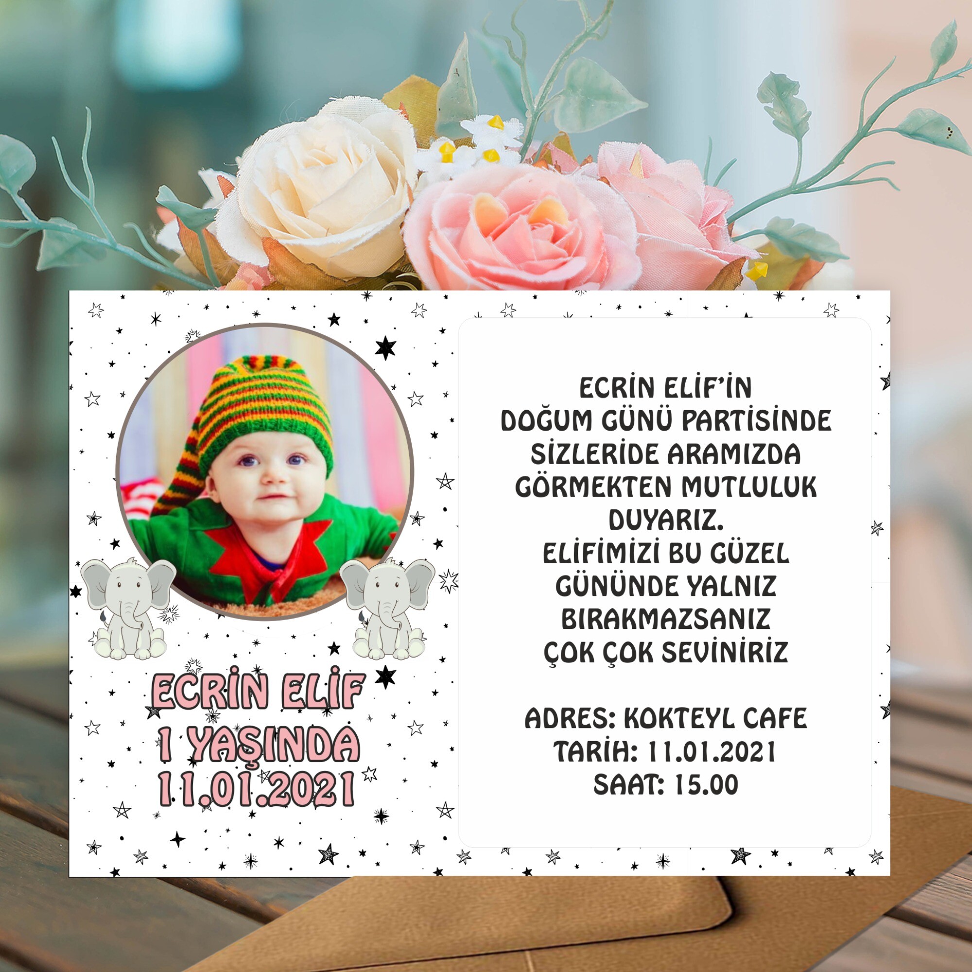 Sevimli Filli Doğum Günü İçin Zarflı Davetiye