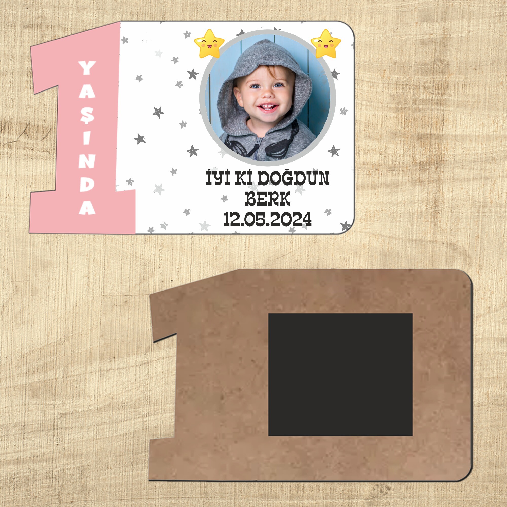 Star Temalı 1 Yaşında Ahşap Pembeli Magnet