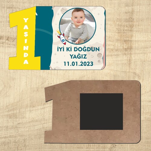 Roket Temalı Sarı Rakamlı 1 Yaşında Magnet Ahşap