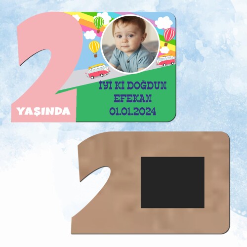 Otobüslü 2 Yaş Pembe Rakam Ahşap Magnet