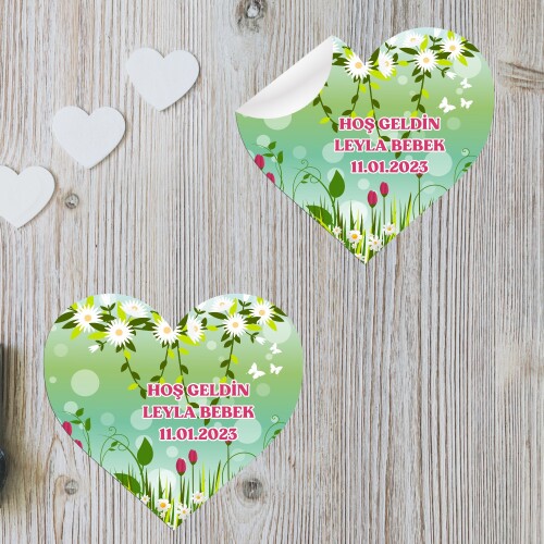 Papatya ve Laleli Kalp Şeklinde Sticker Etiket
