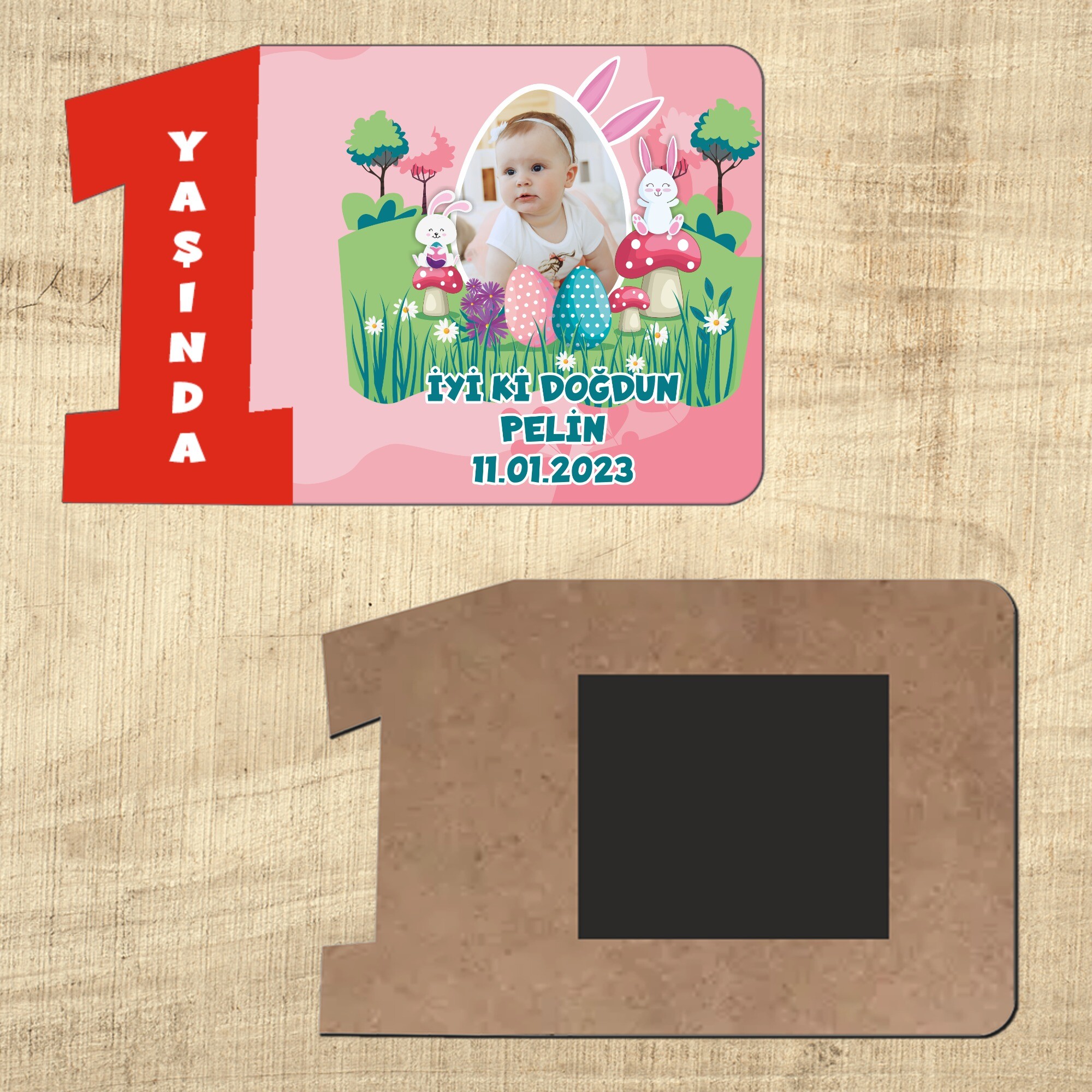 Tavşan Kız Temalı Kırmızı Rakamlı 1 Yaş Ahşap Magnet