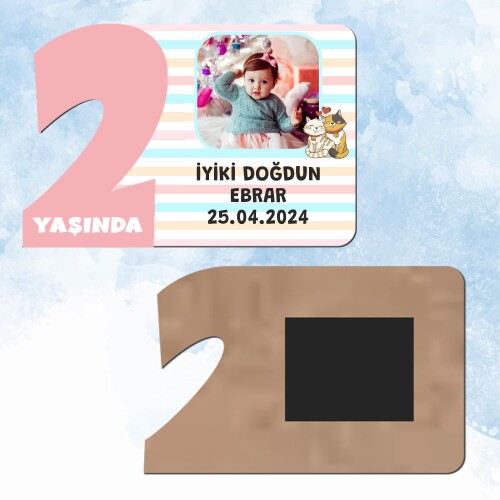 Sevimli Kediler 2 Yaş Pembe Rakam Ahşap Magnet