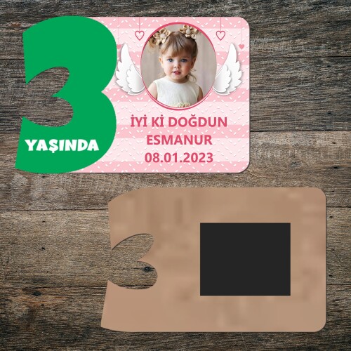 Melek Kanadı Temalı 3 Yaş İçin Yeşil Rakam Ahşap Doğum Günü Magneti